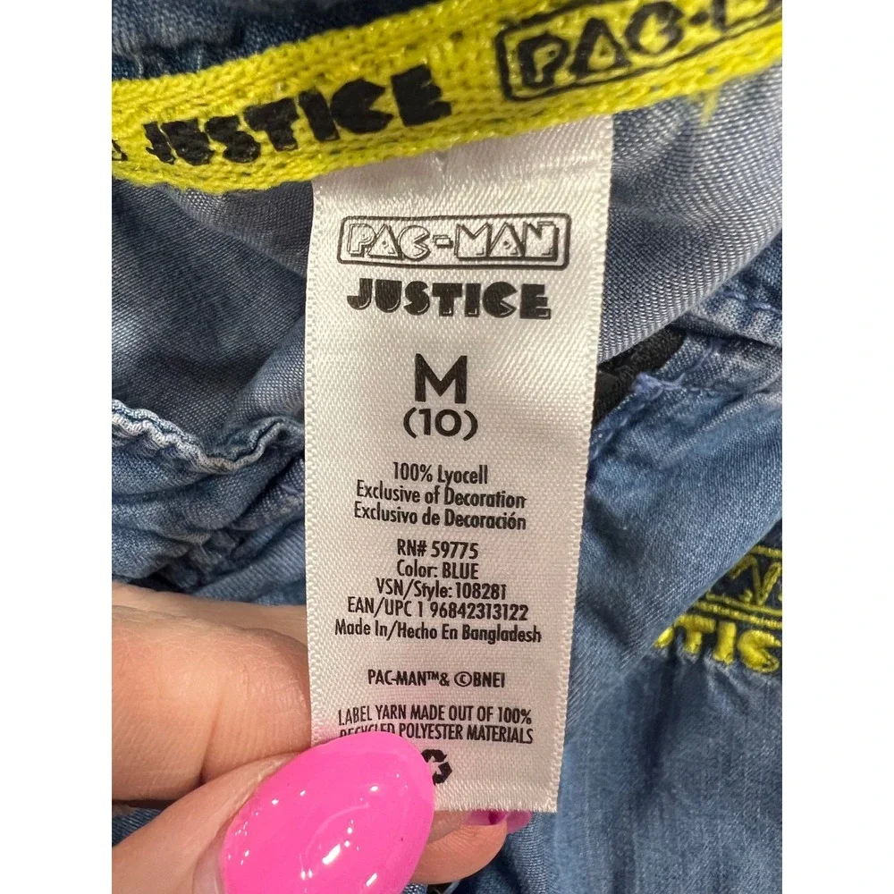 Justice Pac-Man Girls Blue Denim Romper Sleeveless Zip Front Size M 10